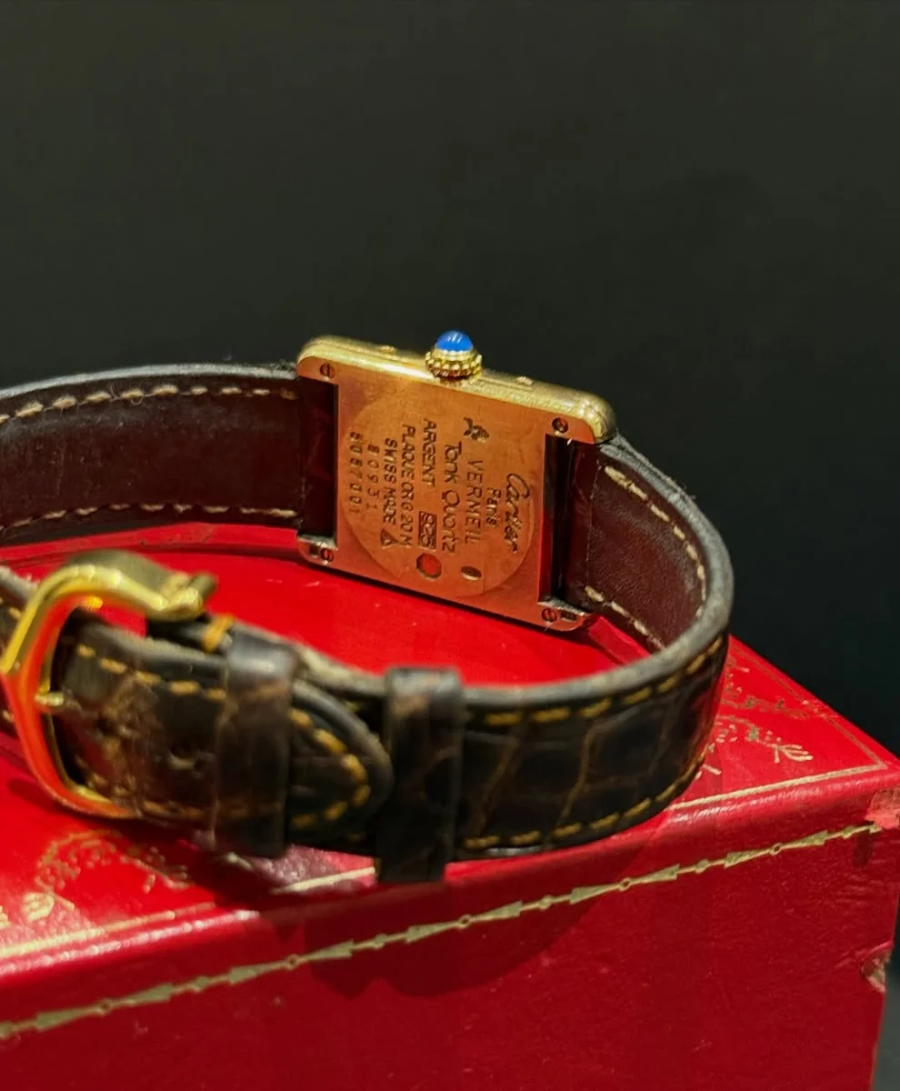 Rare Cartier Tank Ivory Large 1980 925 Silver GP Leather - Image 8