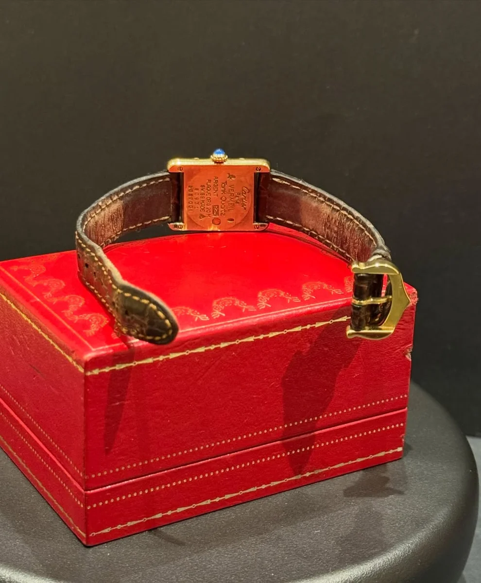 Rare Cartier Tank Ivory Large 1980 925 Silver GP Leather - Image 9