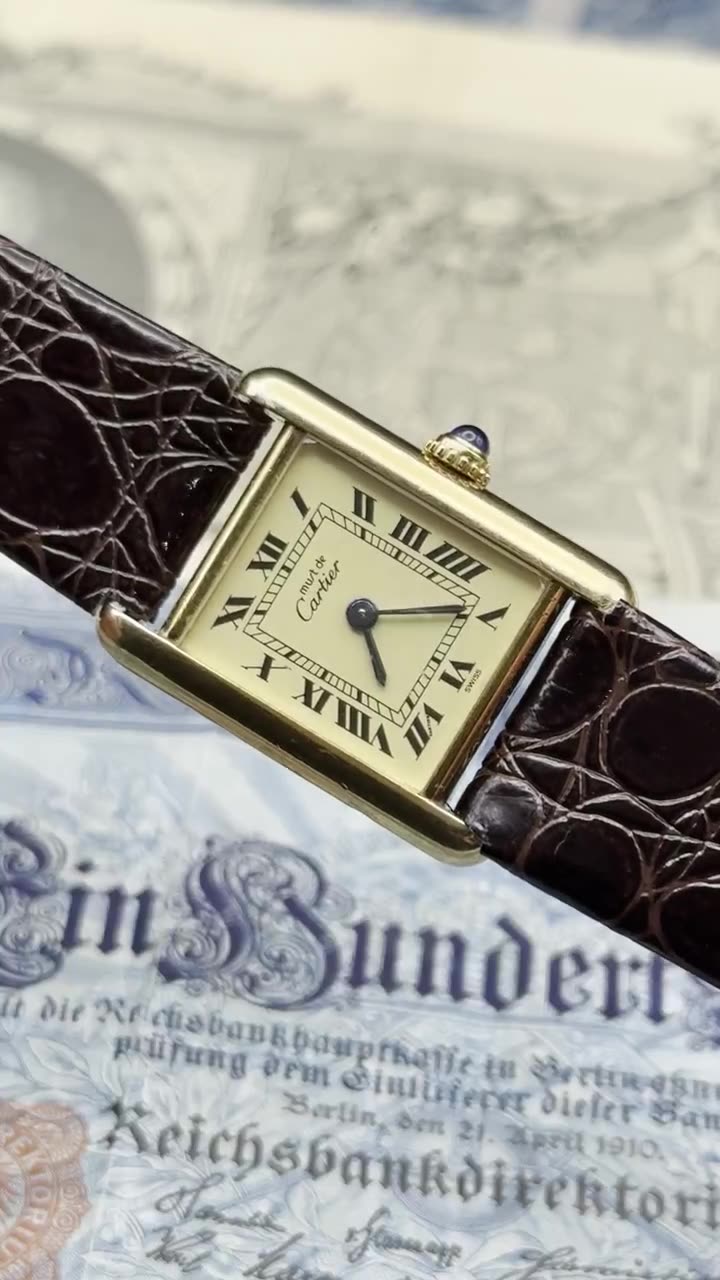 Cartier Tank 1980 Ivory Roman Style Leather 925 Silver GP - video
